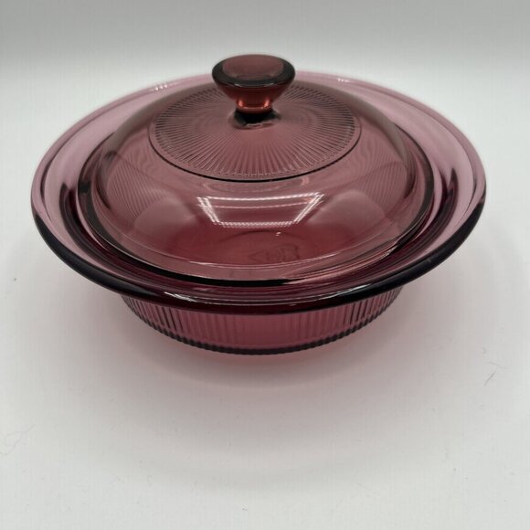 Corning Visionware CRANBERRY Ribbed 750mL Baking Lidded Casserole Cookware 90s - Picture 3 of 9